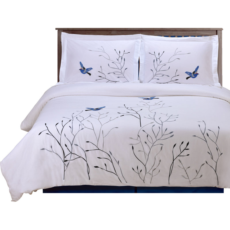 Blue Swallow Embroidered Cotton King/California King Duvet Cover Set
