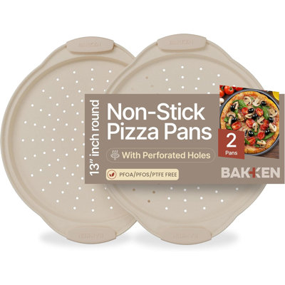 Ensemble de 2 moules à pizza Bakken - Acier au carbone perforé rond avec revêtement antiadhésif en marbre, poignée en silicone, durable et facile à nettoyer