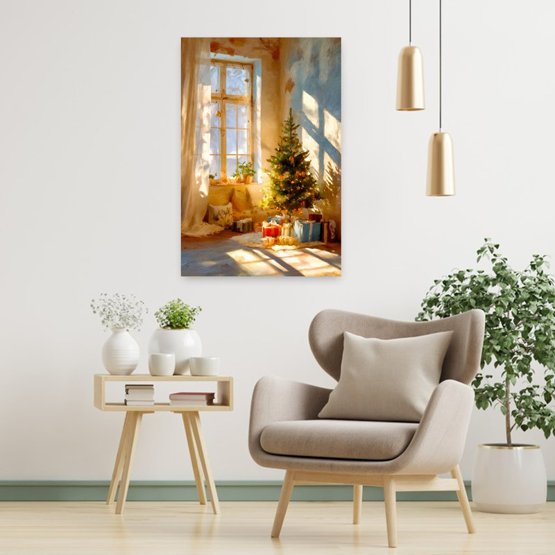 Cozy Christmas Morning Peaceful Rustic Serene Christmas Tree Winter Art mural, 36" H x 24" W