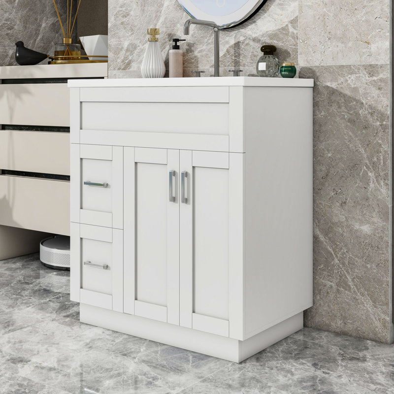 Meuble-lavabo autoportant élégant avec charnières à fermeture en douceur, rangement réglable et lavabo en résine