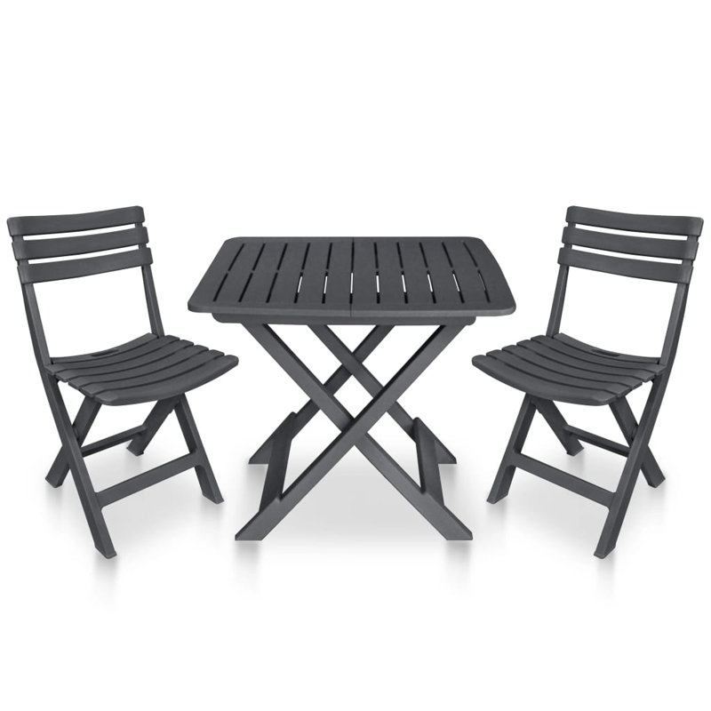 Patio Bistro Set 3 Piece Folding Table and Chairs Furniture Plastic, Anthracite