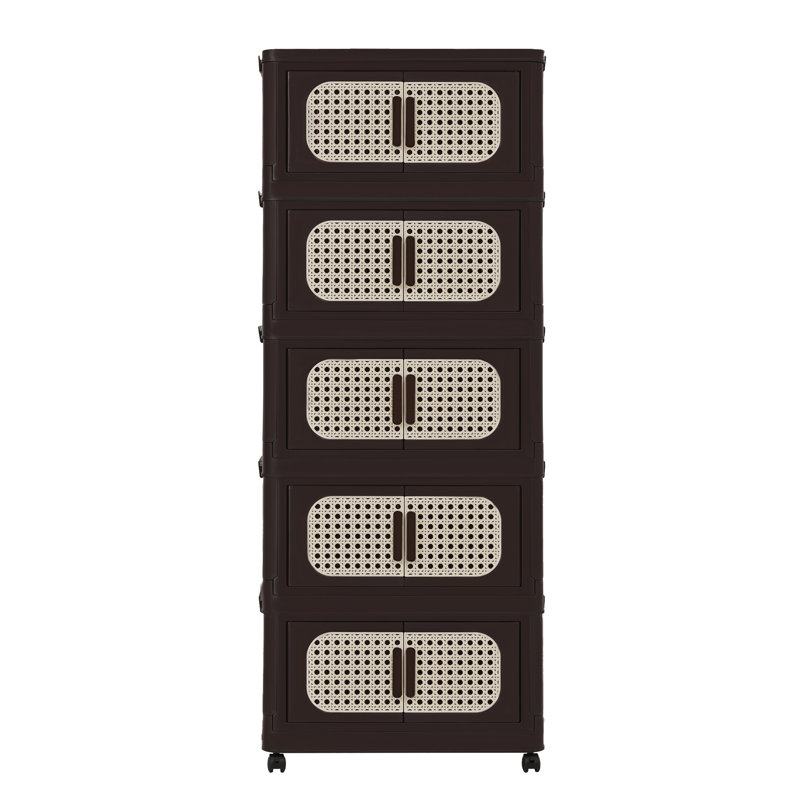 Retro Brown,20" Side Wide Folding Storage Cabinet ,5 Tiers,19.69"×11.81"×50.00",Collapsible Storage Bins With Magnetic Door, Plastic Storage Cabinet With Wheels