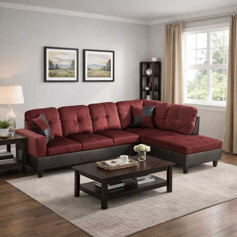 103.5" Wide Microfiber Sofa & Chaise, Right Hand Facing, Red Microfiber