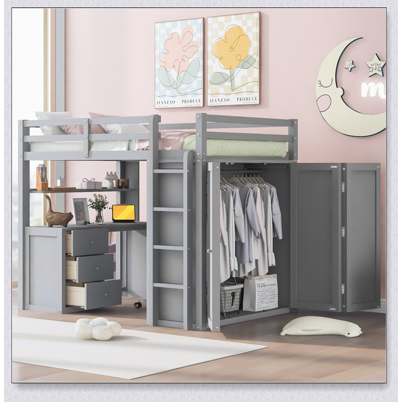 Loft Bed With Drawers,Desk,And Wardrobe, Gray