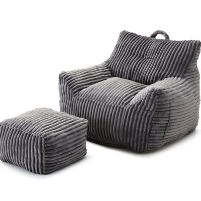 Comfy Grey Bean Bag Chair With Footstool, Perfect For Living Room, Bedroom & Dorm, Shredded Foam, - Slip Base Chaise Lounge And Comfort Reading, Gaming, Room Bedroom, Corduroy Construction