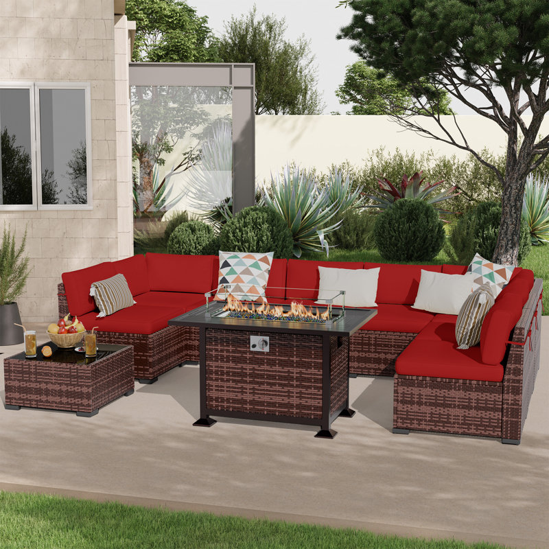 Avamay Rattan Sectional Seating Group with Cushions, Burgundy Performance Microfiber, Yes