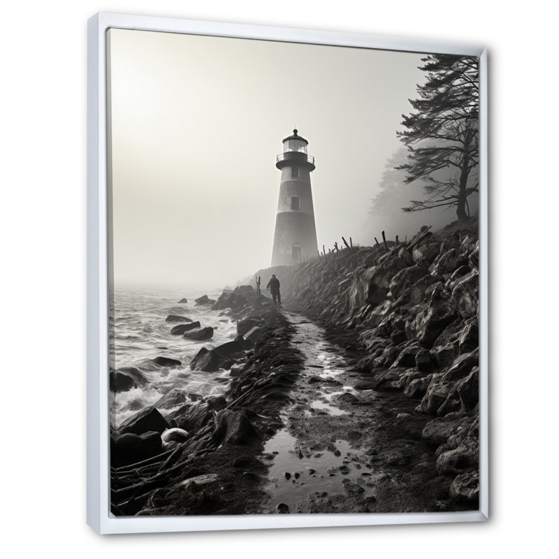 Phare Bansemer noir et blanc avec horizon brumeux, H 40 po x l 30 po x P 1,5 po, Cadre flottant blanc