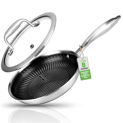 Nutrichef 8” Stir Fry Pan With Glass Lid – Non-Stick Frying Pan, Triply Stainless Steel Cookware, DAKIN Etching Non-Stick Coating, Aluminum Core For Quick And Even Heat, Oven Safe, Dishwasher Safe