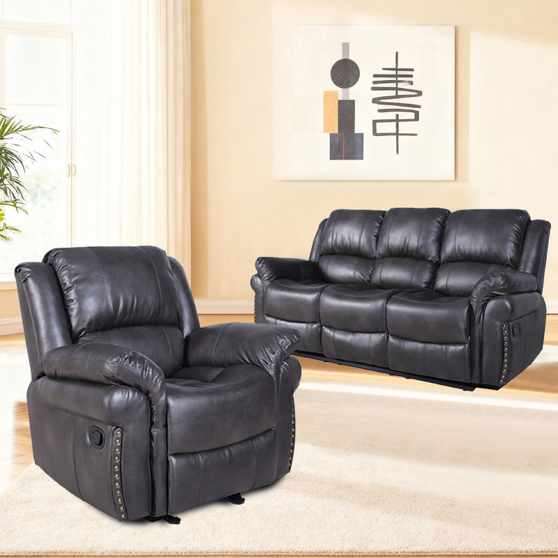 Ensemble de canapé inclinable manuel à 3 places avec table rabattable et porte-gobelets, fauteuil inclinable en similicuir, gris
