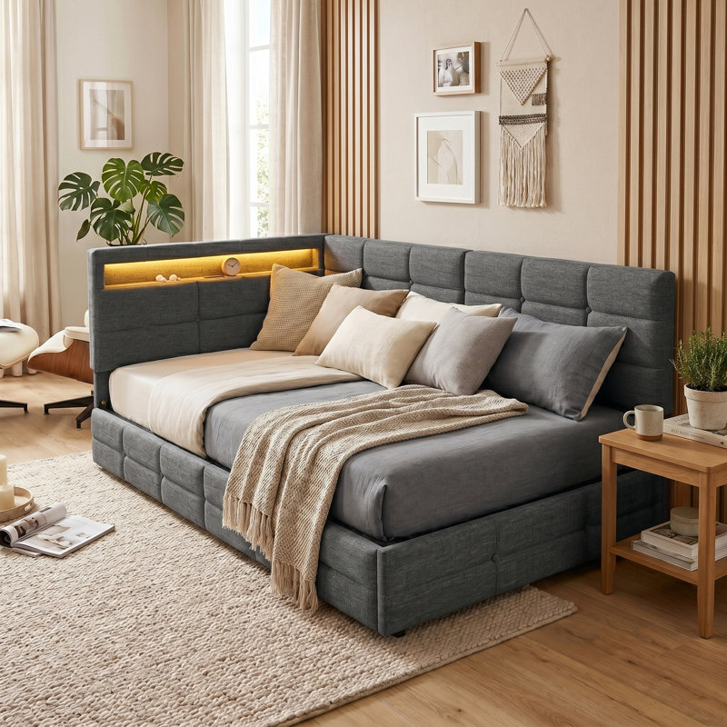 EU Single & Double Linen Daybed with LED & USB Charging, L-Shaped Headboard & Side Drawers, Beige/Grey, 90/140x200cm, Gray