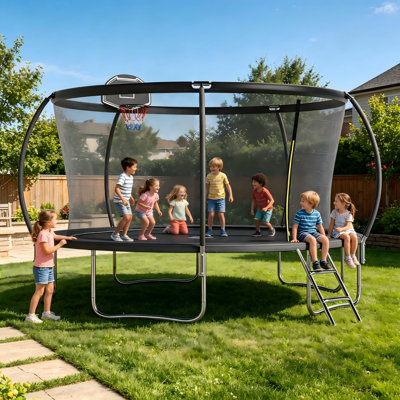 Trampoline 14 pieds pour enfants (3+) et adultes avec filet de sécurité et panier de basketball, trampoline récréatif approuvé par l'ASTM pour la cour extérieure