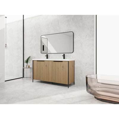 Meuble-lavabo autoportant de 60 po avec double lavabo en résine et 4 portes d'armoire à fermeture en douceur