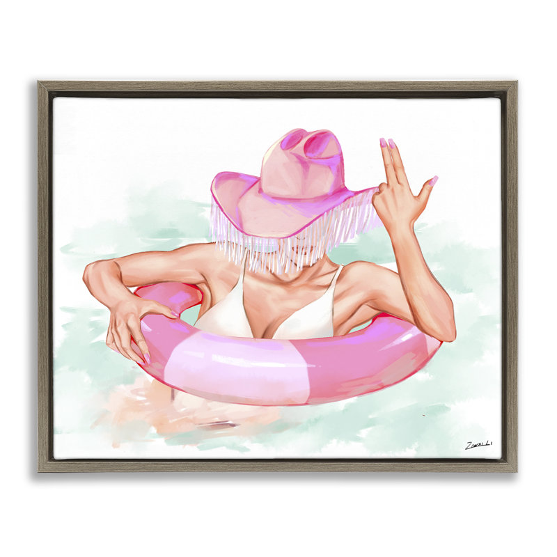 «Woman in Pool Float» par Ziwei Li, Cadre flottant orme Montalcino, H 17 po x l 21 po