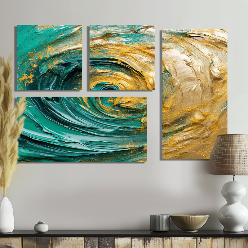 «Golden Ocean Swirling Waves», art mural moderne bleu, 4 pièces, Toile tendue, Ne s’applique pas