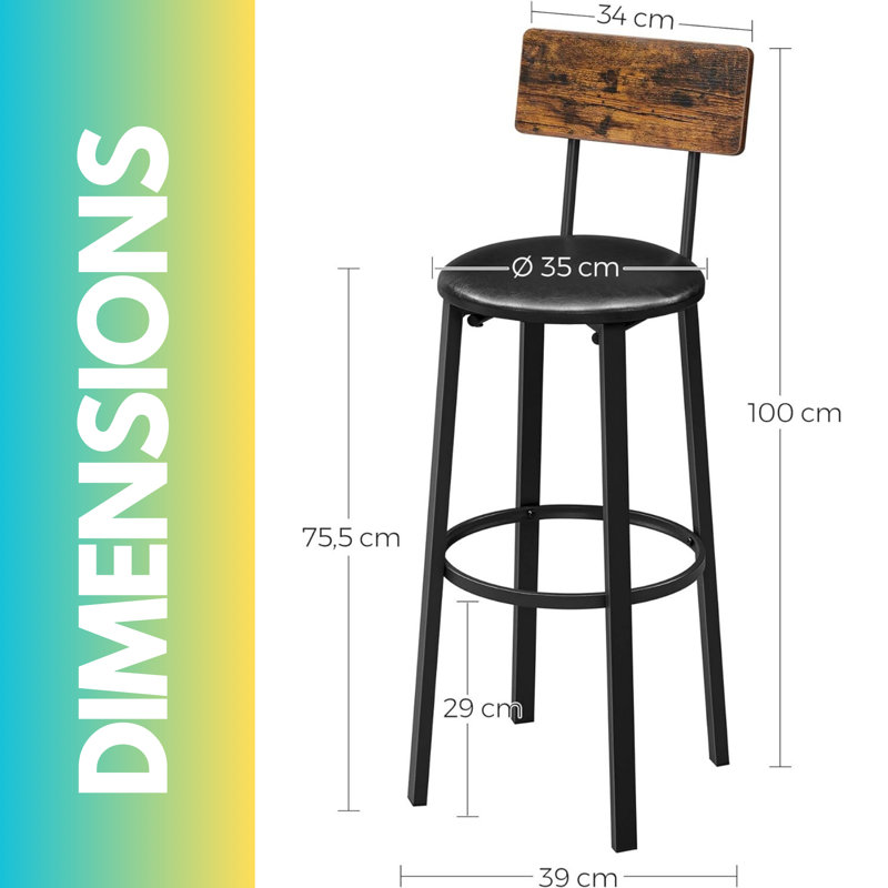 Ajalon Rustic Industrial 2pcs Barstool 75.4cm Stool with Backrest Footrest Kitchen Furniture