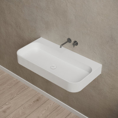 MonBlari 35" X 18" Solid Surface Fluted Wall Mounted Bathroom Sink Matte White