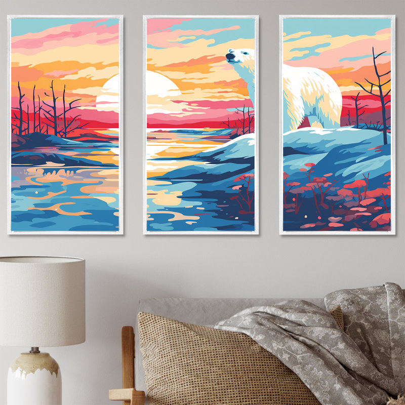 «Sunrise Bear», art mural, H 40 po x l 61 po, Cadre flottant blanc