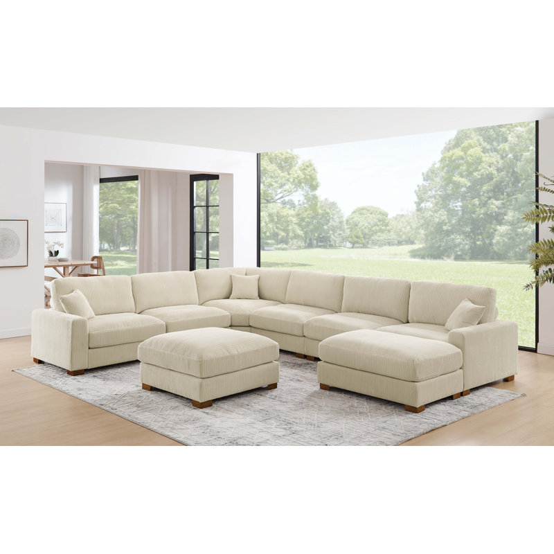 Canapé-lit modulaire 7 pièces, Velours côtelé crème, H 34,00 po x l 159,50 po x P 123,50 po