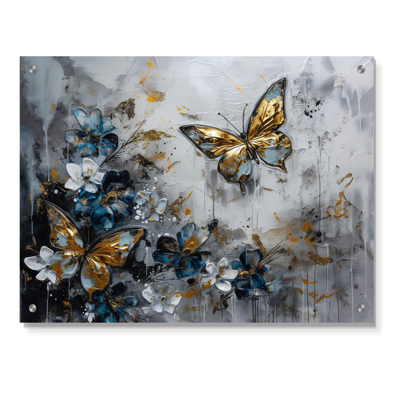 Ailes de papillon doré bleu et fleurs III - Art mural acrylique floral, H 12 po x l 20 po