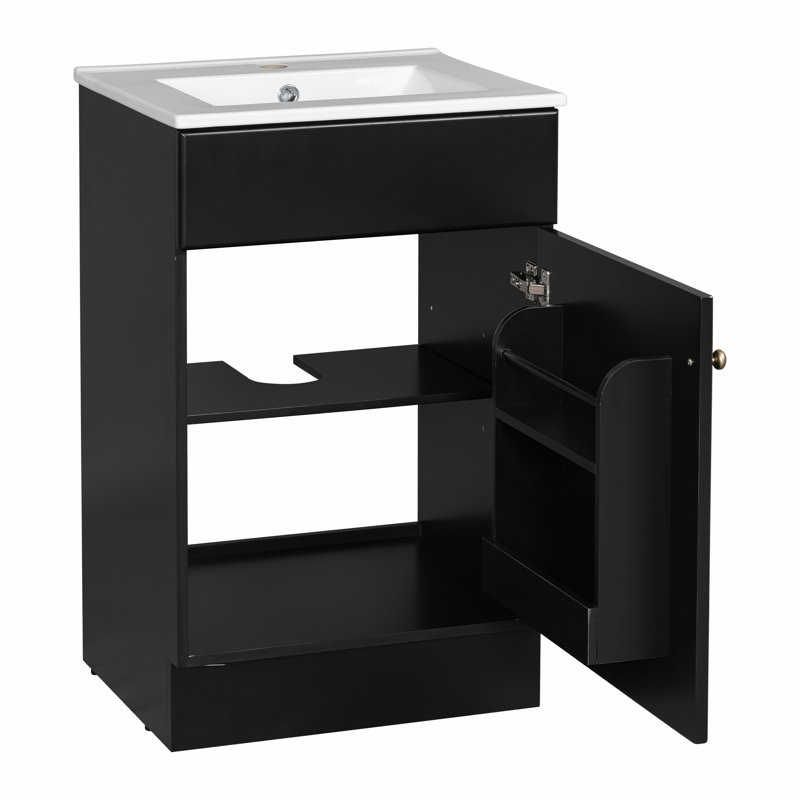 Armoire de meuble-lavabo avec tablette de porte et tablette réglable, Noir, noir, noir, noir
