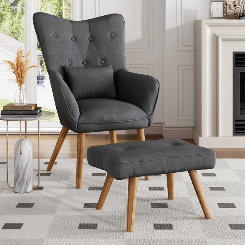 Georgia Upholstered Wingback Chair with Footstool, Grey