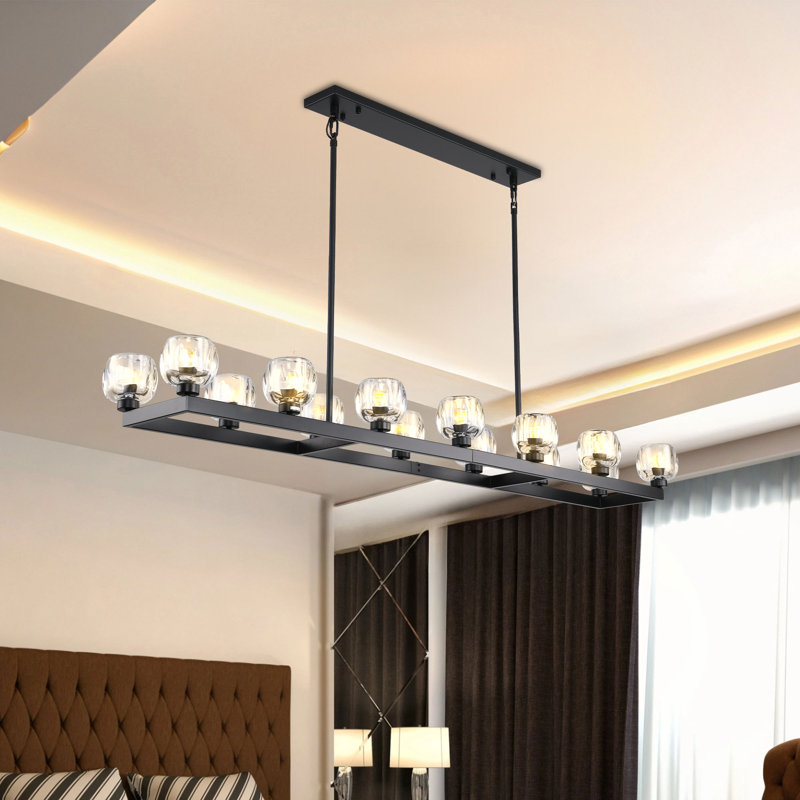 14 - Light Rectangular Chandelier with Glass Shade, Suitable for Dining Rooms, Living Rooms, Hallways, Matte Black, 14 Lights