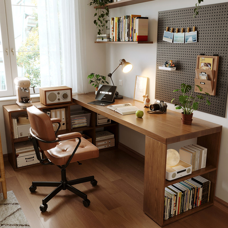 Bureau tout en bois massif en L avec armoires de rangement, H 29,53 po x l 62,99 po x P 55,12 po
