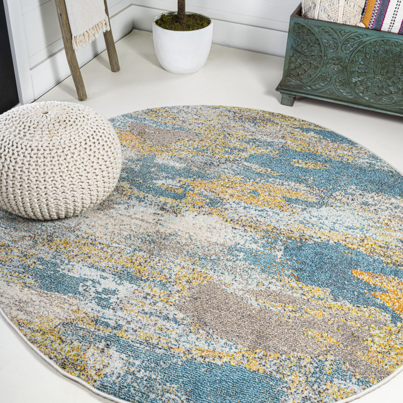 Lasley Contemporary POP Modern Abstract Vintage Waterfall Blue/Brown/Orange Rug, Round 5'3"
