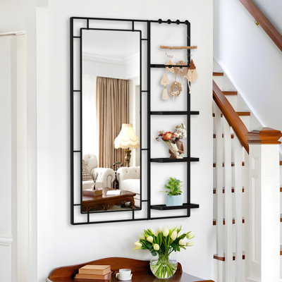 30X44 Modern Mirror With Shelf - Black Metal Frame Bathroom Mirror, Dressing Room Clear Glass, Rust-, Construction Vanity Multi-Layer Frame, Bathroom, Rust-, Strong