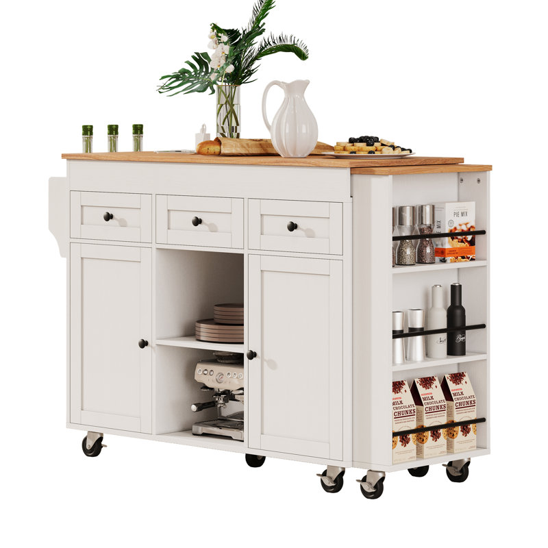 Îlot de cuisine moderne Willow avec table extensible, rangement spacieux et station de charge intégrée, Blanc