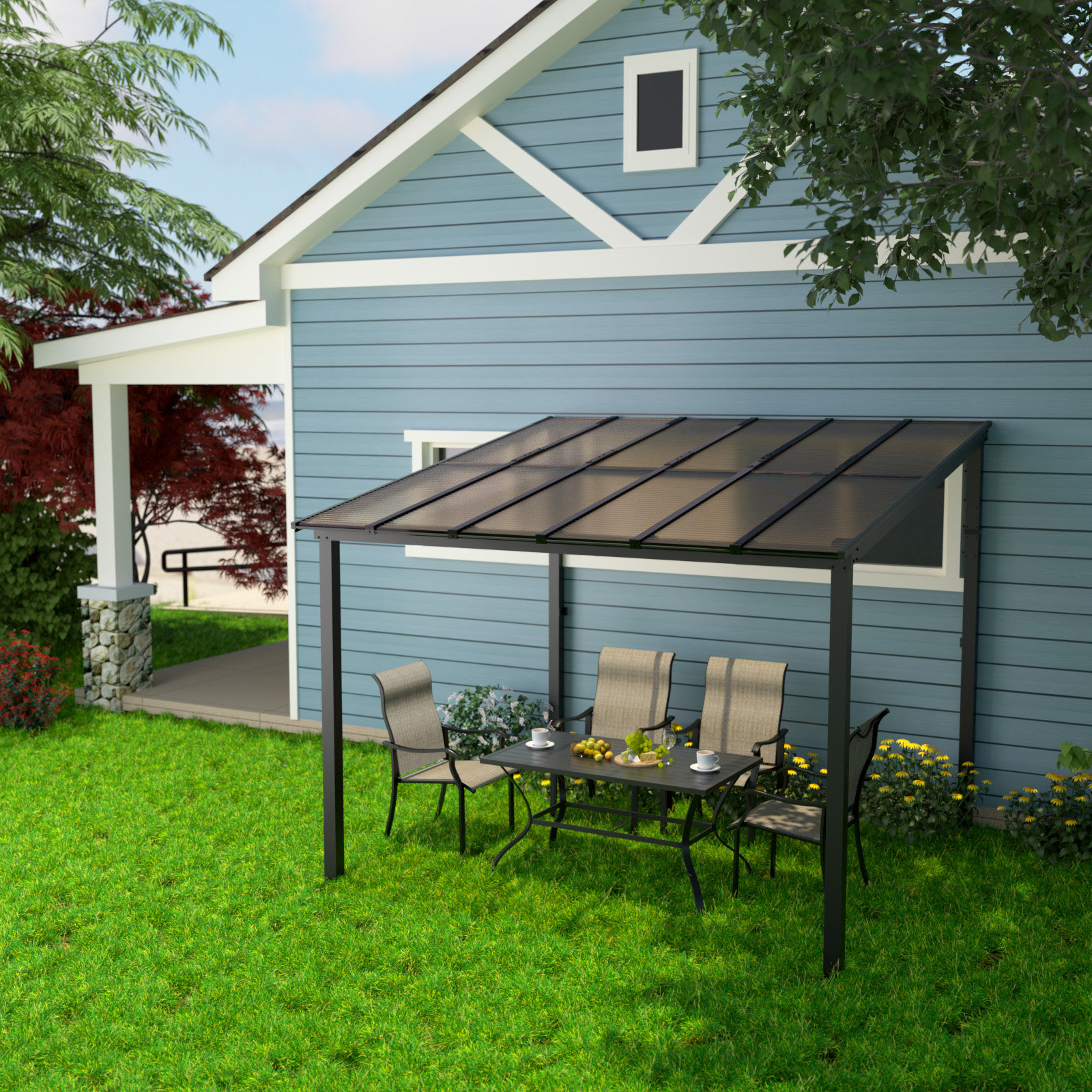 Hermes 10 pi. Pergola murale en aluminium avec toit en acier galvanisé