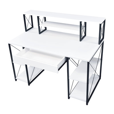 Bureau d'écriture tout usage en noir et blanc, compartiments de tiroir pour le rangement, base en métal, matériaux en acier, profondeur de 47 po pour utilisation domestique, 8 compartiments ouverts, blanc, tube