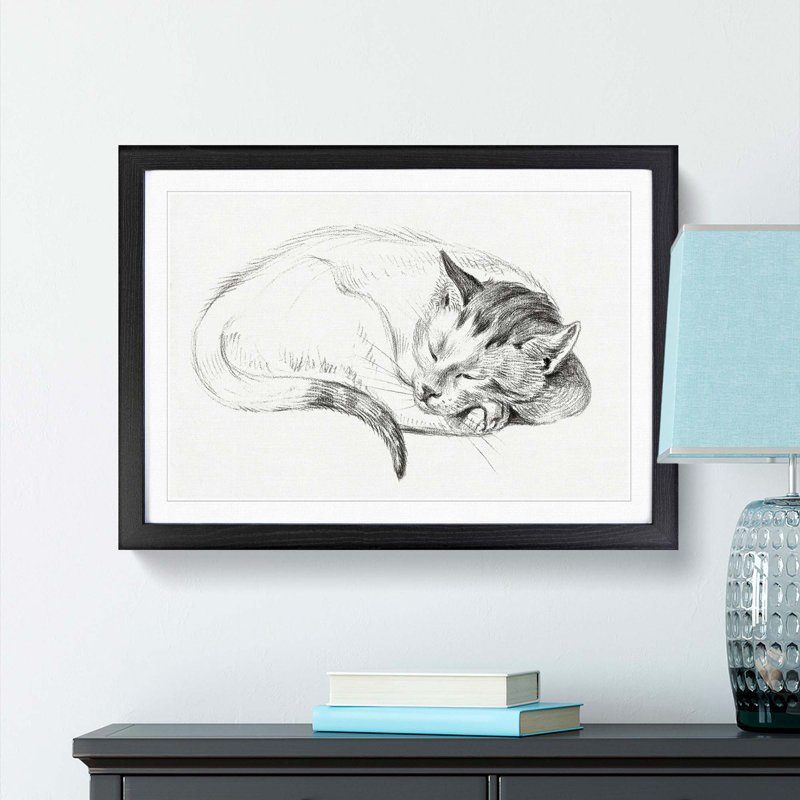 Sleeping Cat by Jean Bernard - Picture Frame Drawing Print, 48cm H x 65cm W x 2cm D, Black Framed