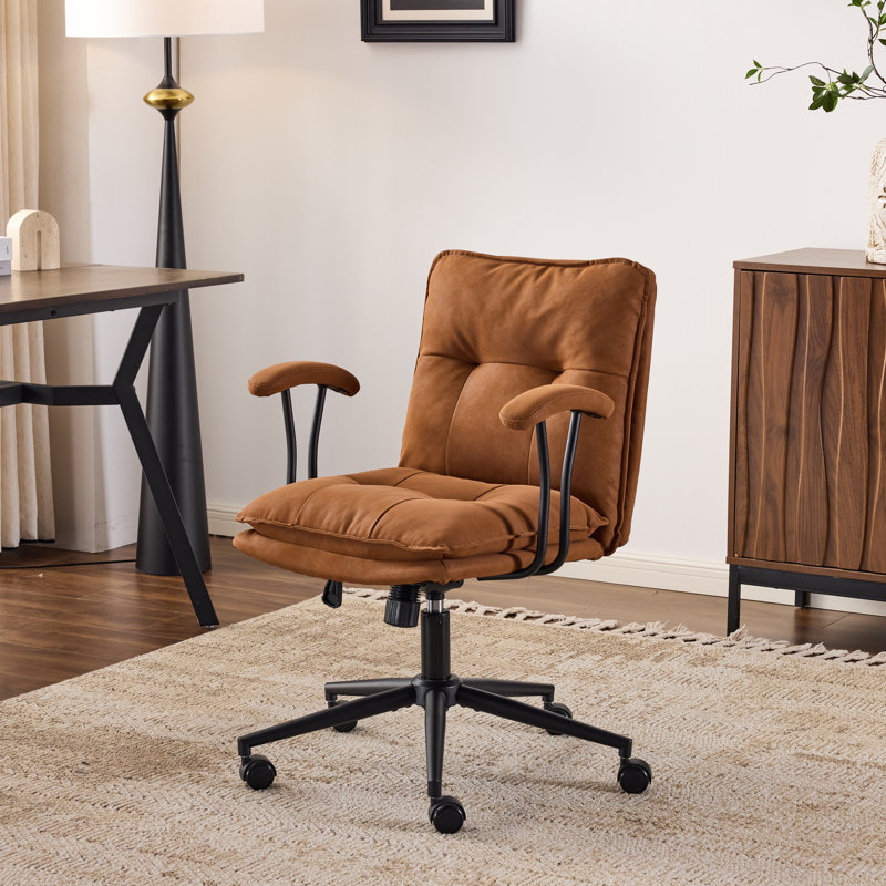 Tufted Button Double Layer Padding Faux Leather Swivel Office Chair, Brown