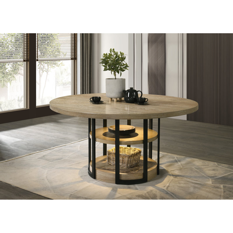 Table de salle à manger 59 "ronde avec lumière DEL, structure en métal noir, tablettes
