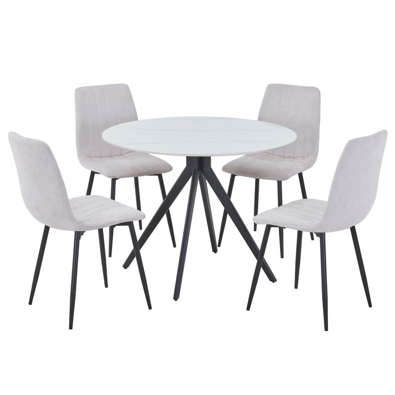 Aspen Sintered Stone Round Table with 4 Straight Stitch Upholstered Fabric Chairs - Modern Dining Set, Natural