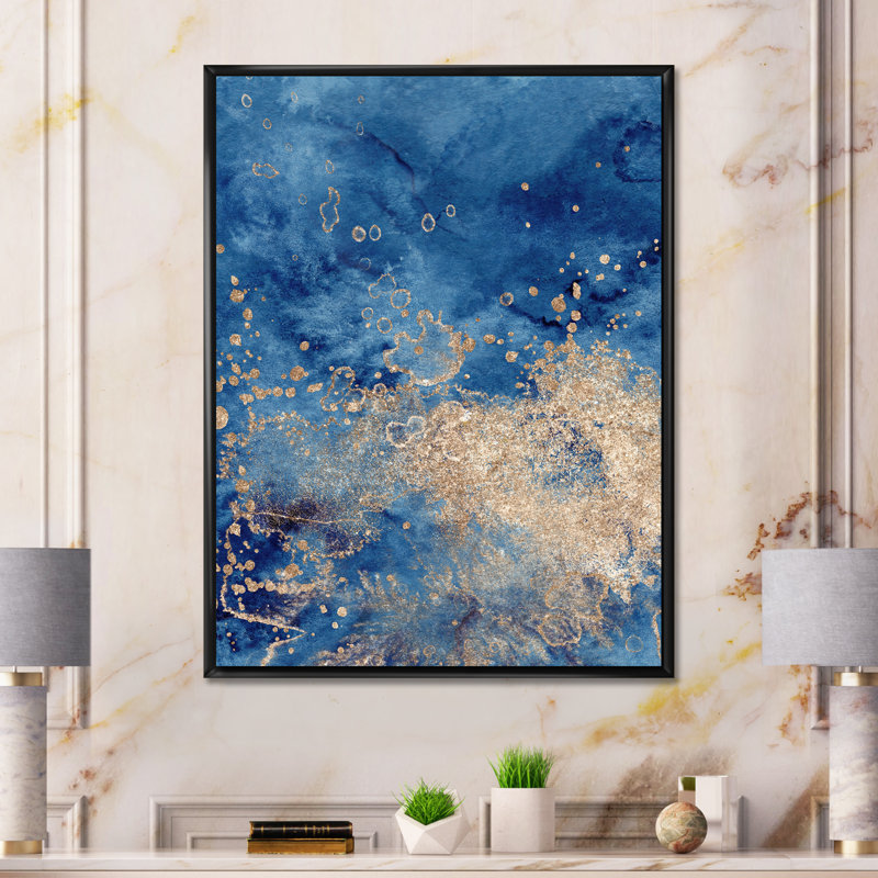 Abstrait classique bleu et or II - peinture sur toile, H 40 po x l 30 po, Cadre flottant noir