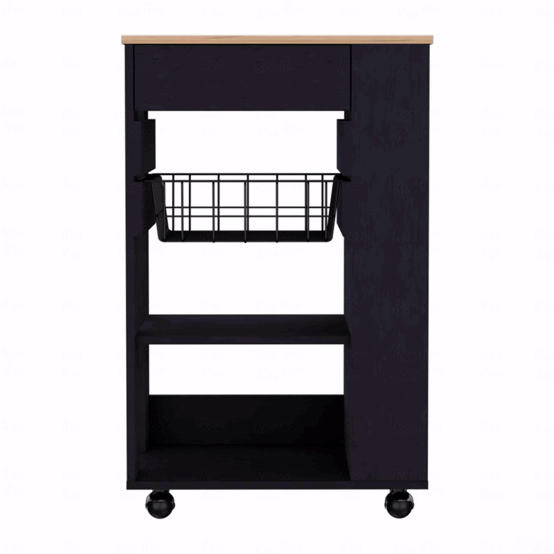 Kitchen Cart, One Drawer, Two Open Shelves, Four Casters, Black