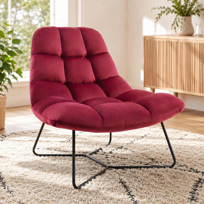 38.98" Wide Tufted Velvet Lounge Chair with Metal Sled Base, Black, Wine 