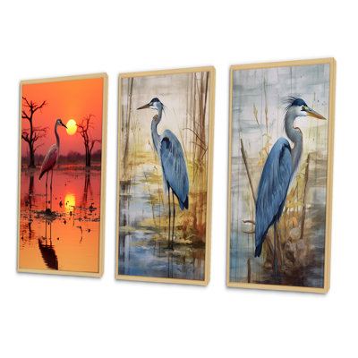 White Stork Pink Sunset Nature Photography - Animals Bird Art Set Of 3 Pieces