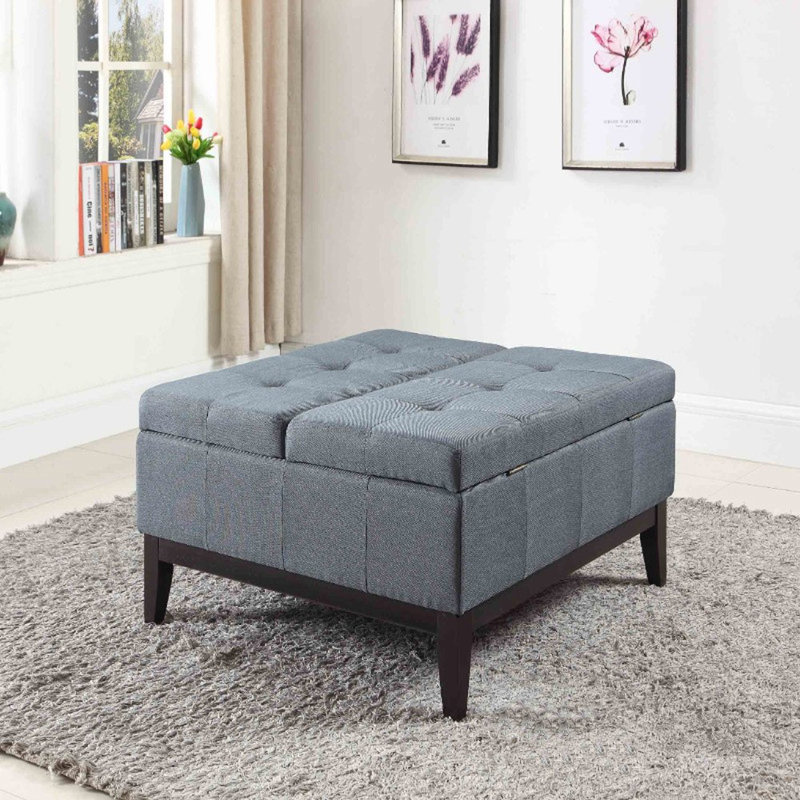 Repose-pieds cocktail carré capitonné de 35,5 po de largeur avec rangement, Mélange de polyester bleu ardoise