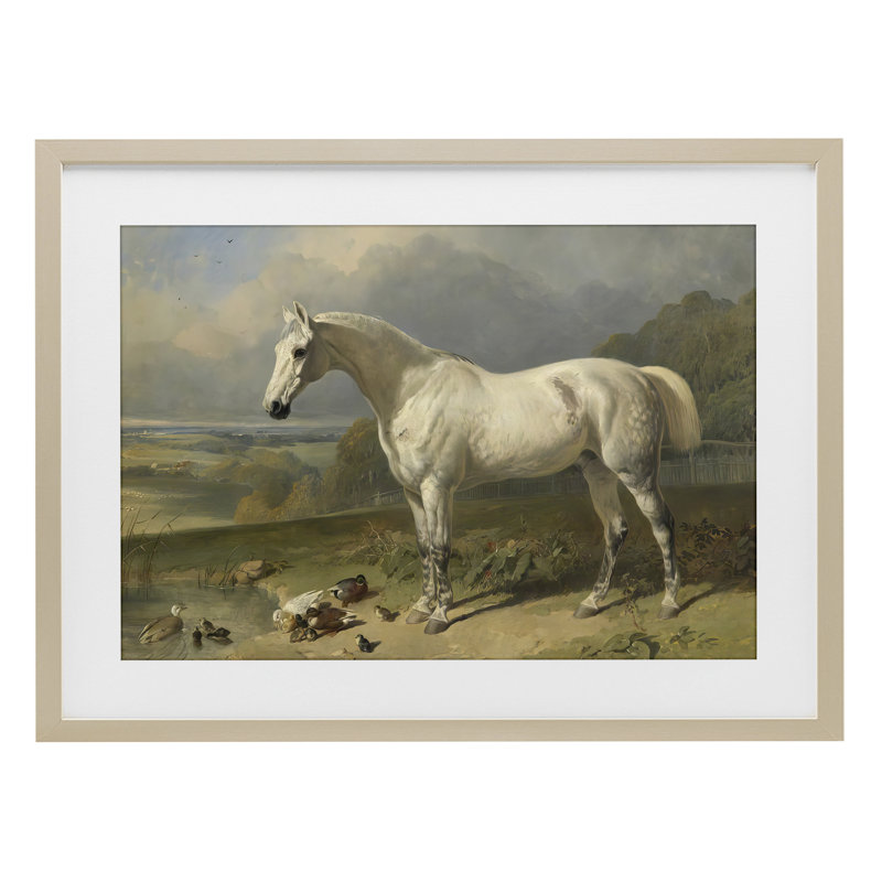 Cheval gris et canards dans un paysage, reproduction sous verre, conception de Tina LeCour, H 14 po x l 20 po