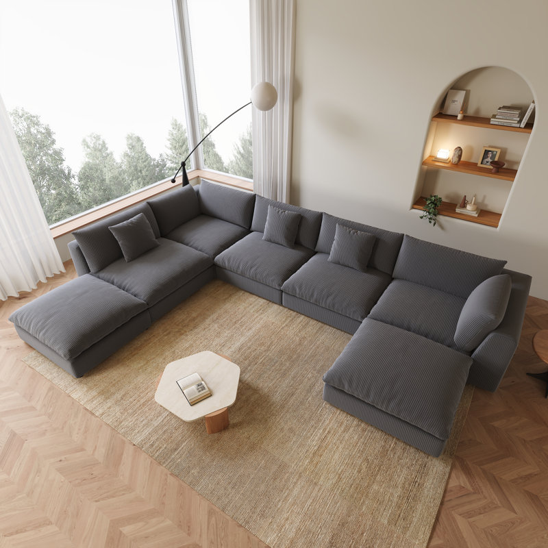 Canapé modulaire surdimensionné en U avec repose-pieds 7 pièces 156,7 po, Velours noir
