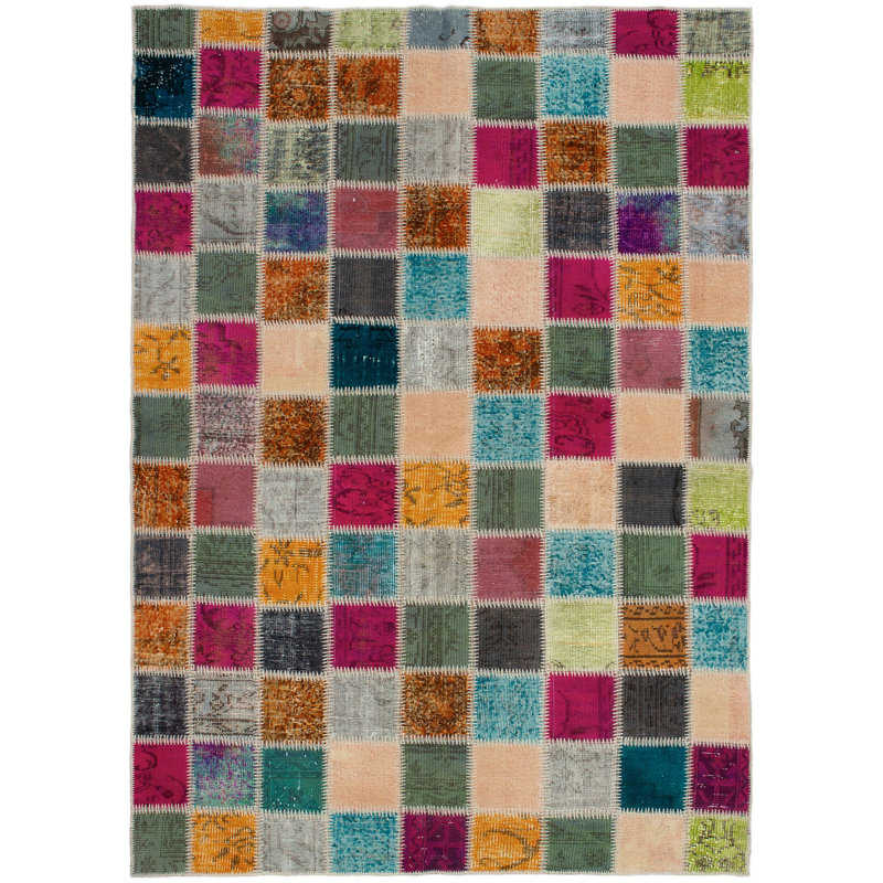 Tapis unique en laine noué à la main style patchwork des années 2010 de 5 pi 10 po x 8 pi 5 po rouge / jaune / bleu Kamea