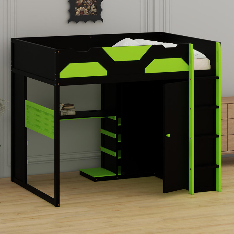 Smart Loft Bed Featuring Built-In Workspace, Organizational Shelves, USB Charging & Customizable RGB Lights, Green