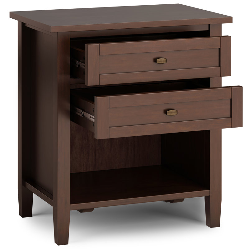 Table de chevet transitionnelle en bois massif avec tiroirs et tablette ouverte Warm Shaker, Brun roux