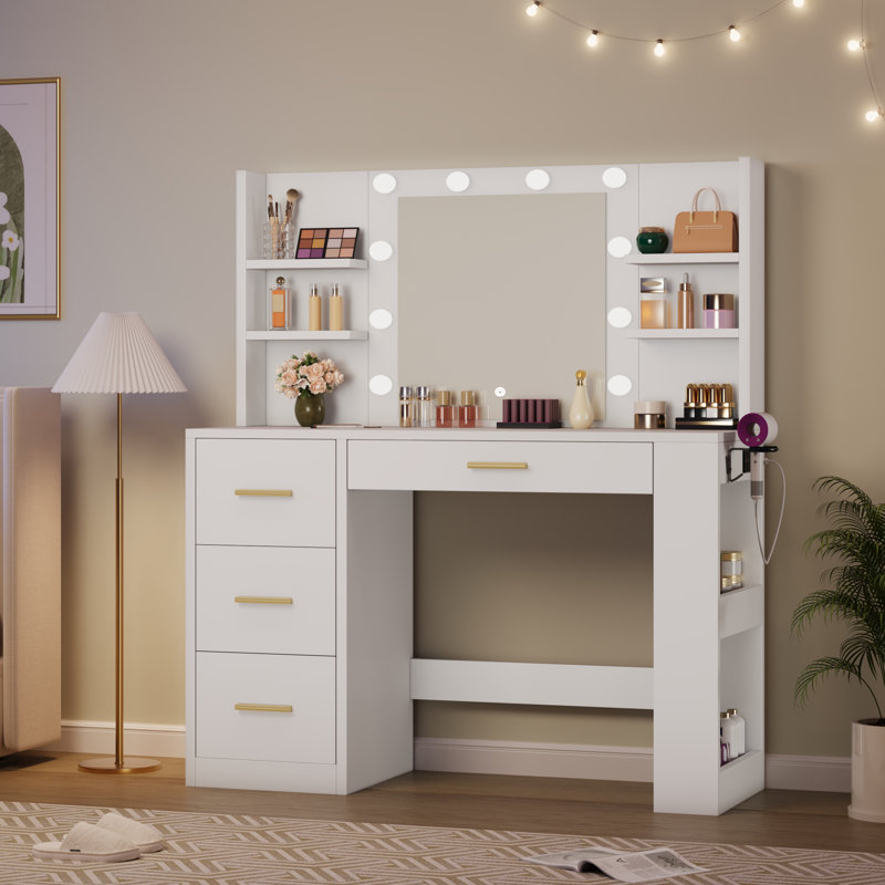  39.5" Vanity Desk With Hollywood LED Mirror And Power Outlet, White