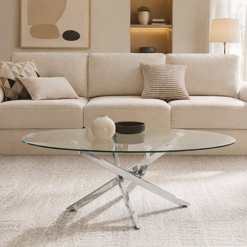 Table basse 39,37 "ovale en verre, table d'appoint moderne avec pieds argentés pour le salon, Argent