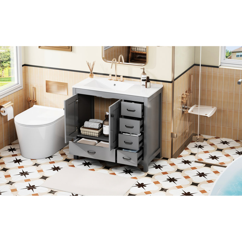 Meuble-lavabo gris 36 po avec évier en céramique, 5 tiroirs, fonction de fermeture en douceur, grande capacité de rangement de 36 po, style intemporel silencieux