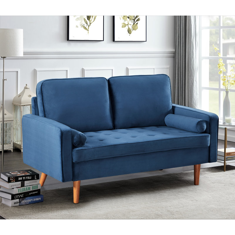 Causeuse à accoudoirs carrés en velours 57,8 po Eleesha, Bleu espace